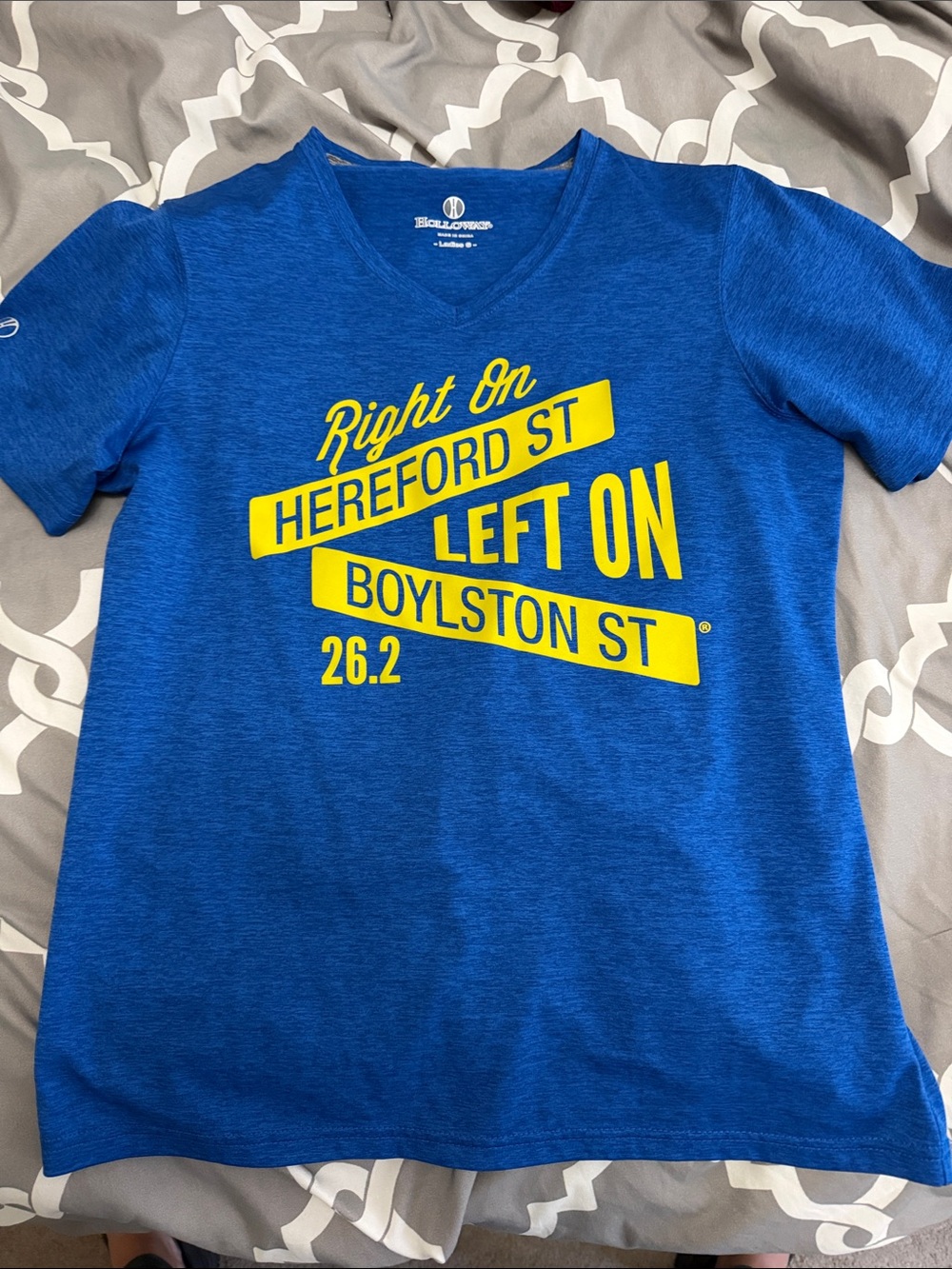 Holloway Blue V-Neck Marathon Graphic Tee with Yellow Print Size Small